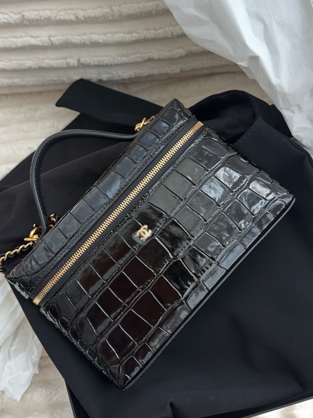 CHANEL Black Croc-Embossed Patent Leather Top-Handle Satchel with Gold Hardware